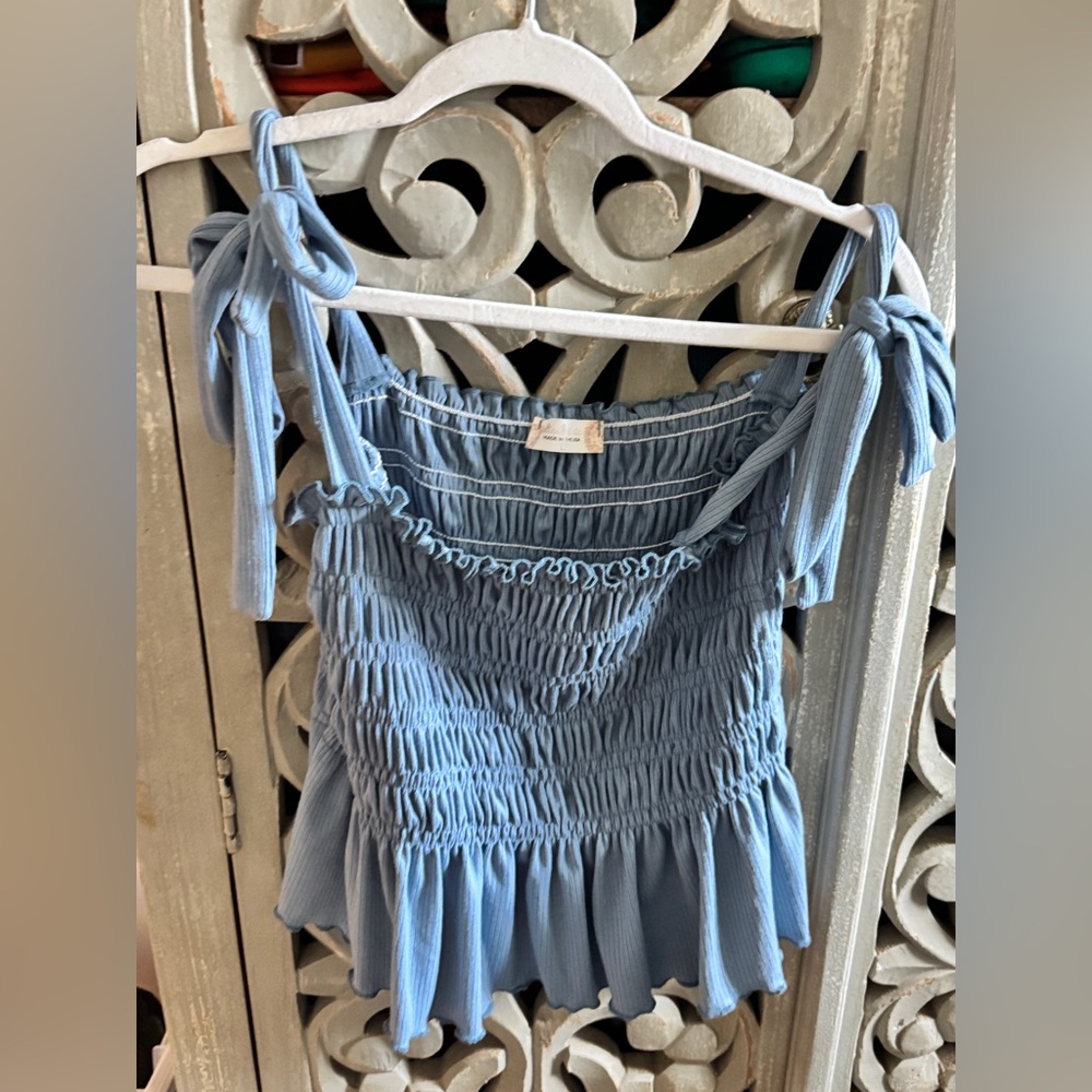 Altar'd State Blue Smocked Ruffled Blouse
